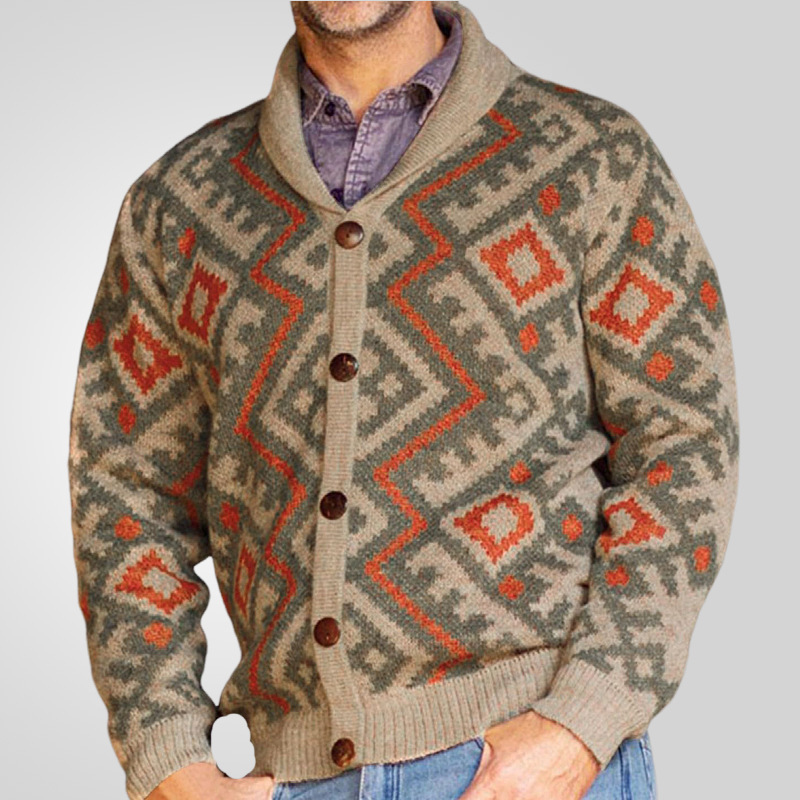 Retro heavy industry jacquard cardigan sweater lapel long sleeve knitted jacket