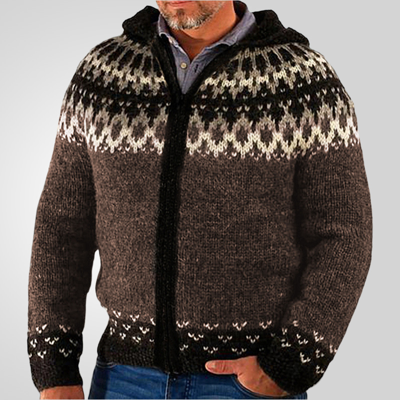 Jacquard Hooded Sweater Long Sleeve Zipper Cardigan Sweater